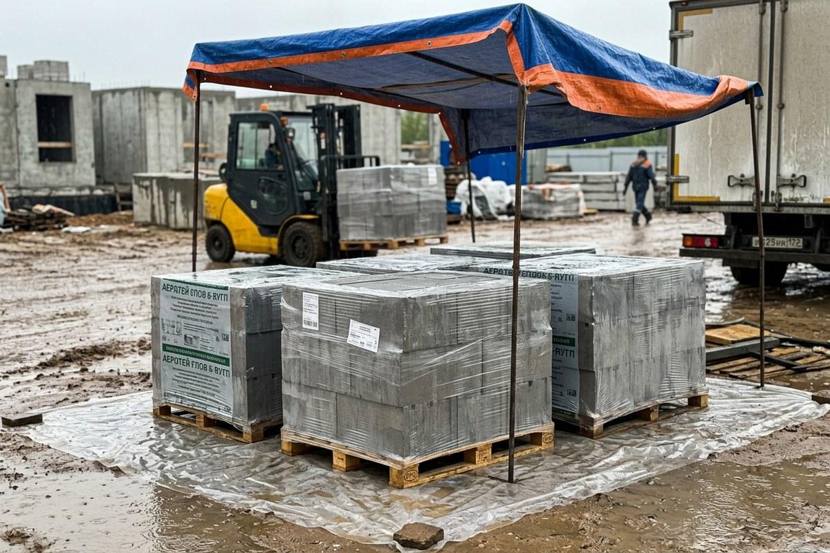 Складирование газобетонных блоков на европоддонах под навесом на стройплощадке